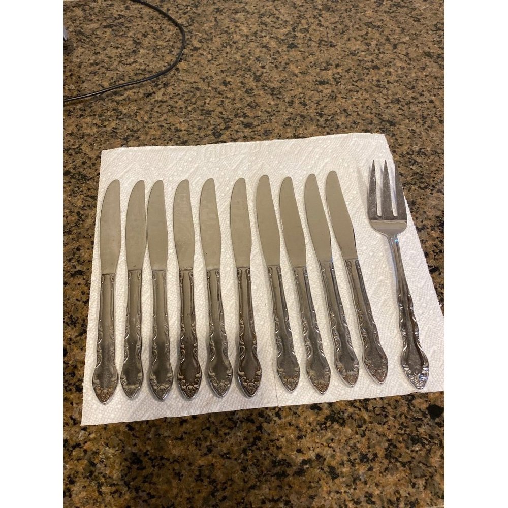 Vintage Stainless Steel Butter Knives (10) & Serving Fork (1)
